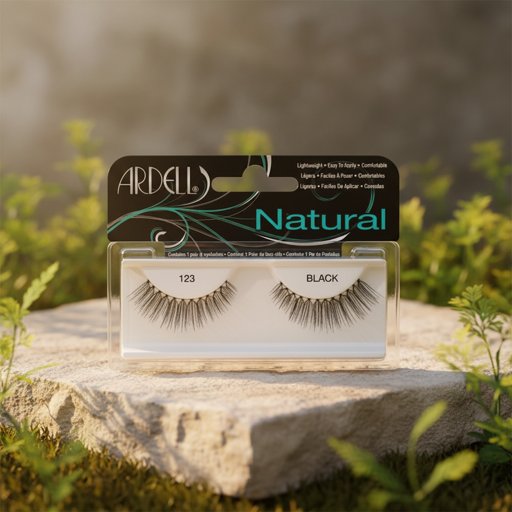 Ardell Natural 123 Black false eyelashes package in soft outdoor light