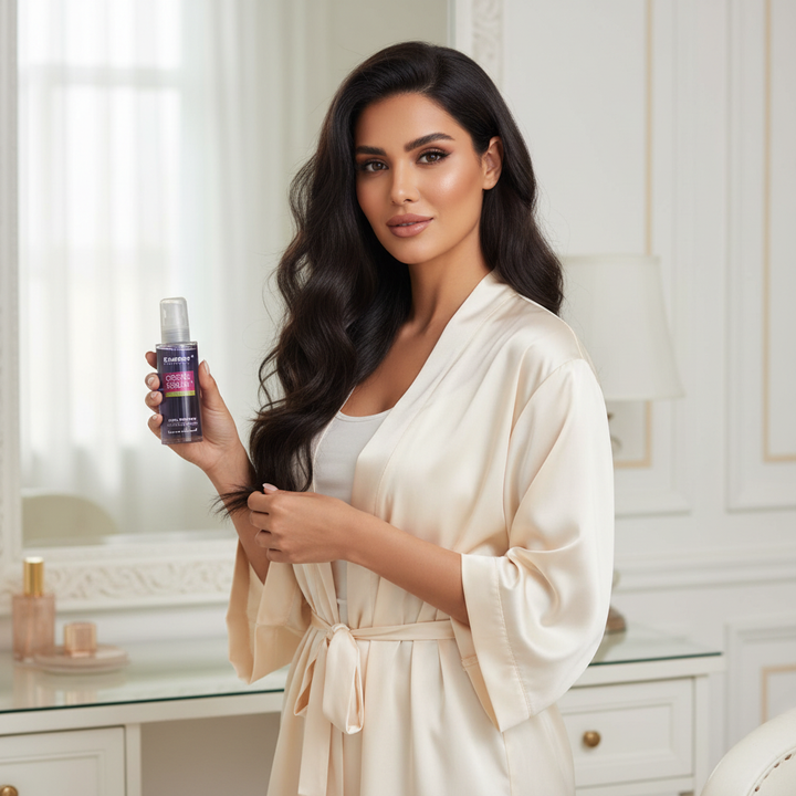 Egyptian model applying Energy Cosmetics Cristal Serum to the ends of her hair