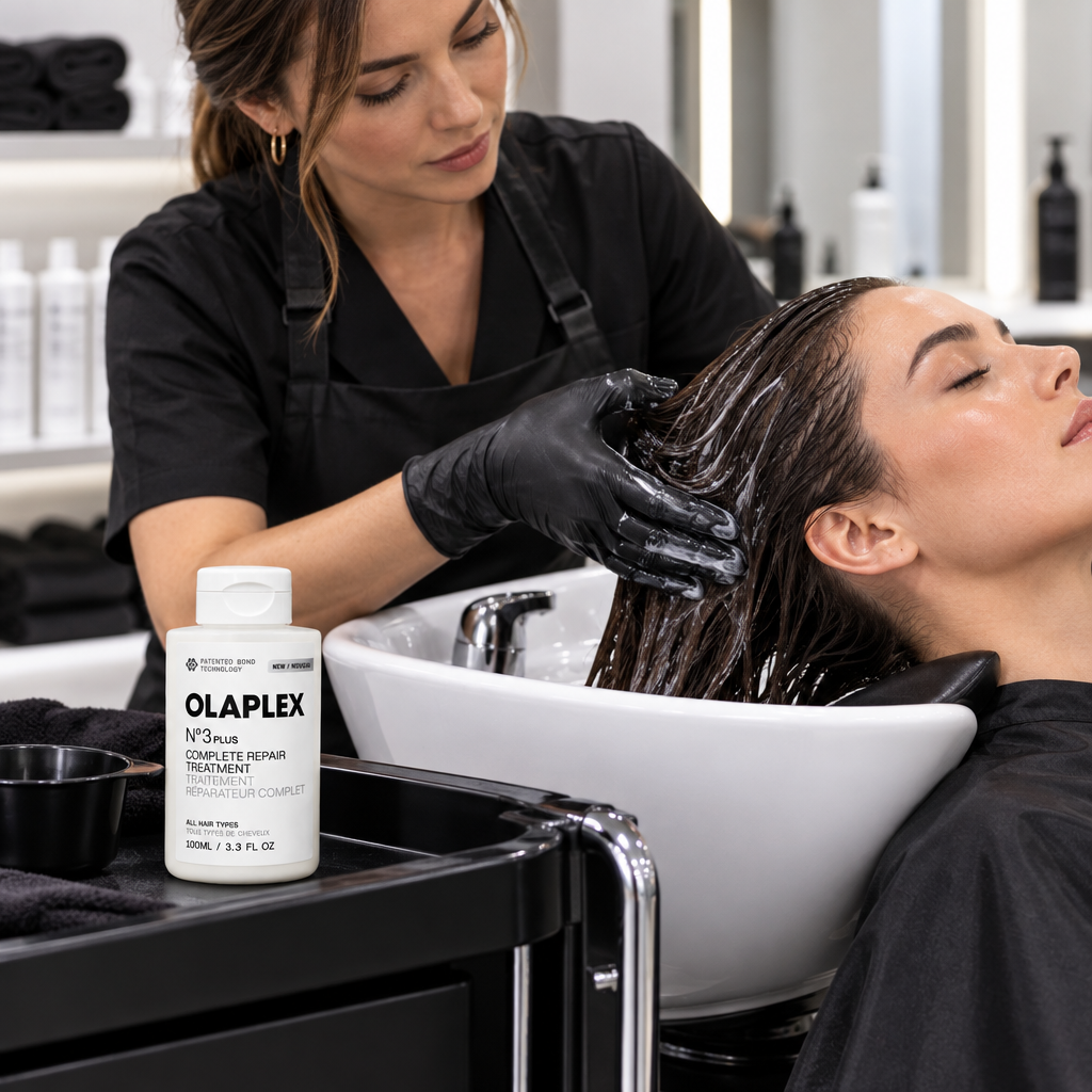 Professional hairstylist applying treatment at salon basin
