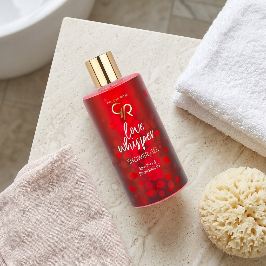 Golden Rose Love Whisper shower gel with towel and bath sponge
