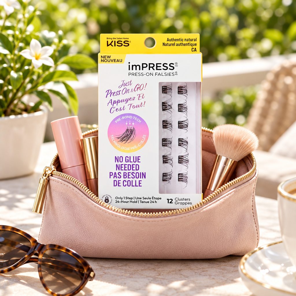 Kiss imPRESS Press on Falsies Single02 package on a sunlit outdoor makeup pouch