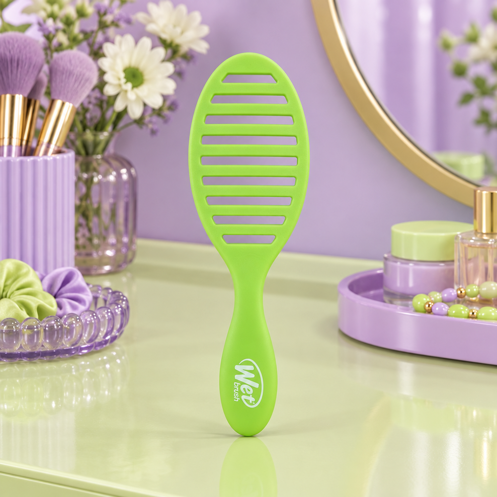 Lime-A-Rita Speed Dry brush indoors on a lavender vanity, back view