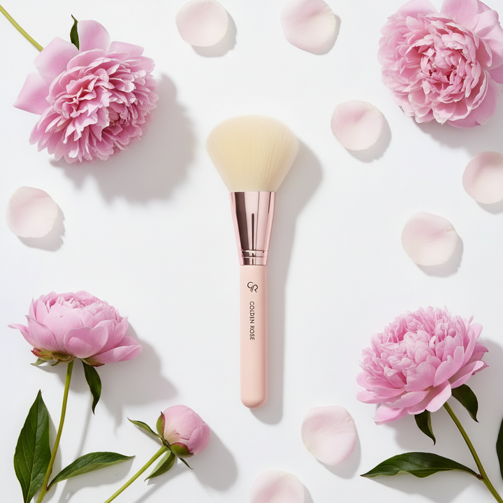 Golden Rose powder brush benefits flat lay