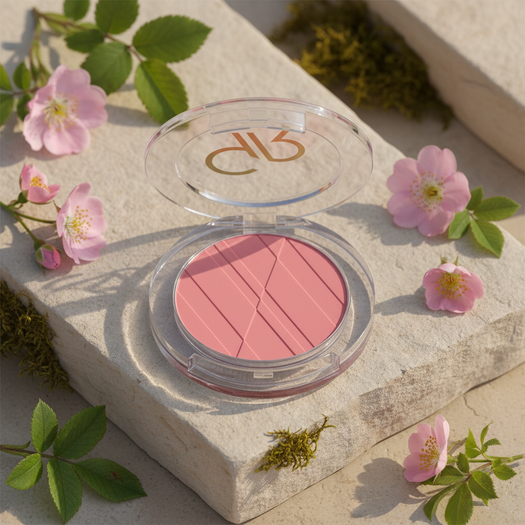 Pink compact blush in soft outdoor daylight