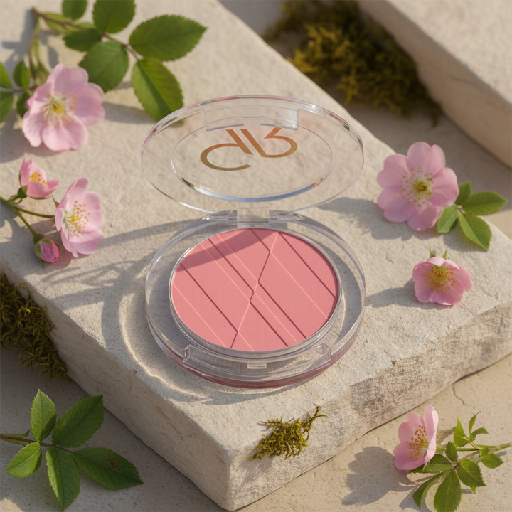 Pink compact blush in soft outdoor daylight