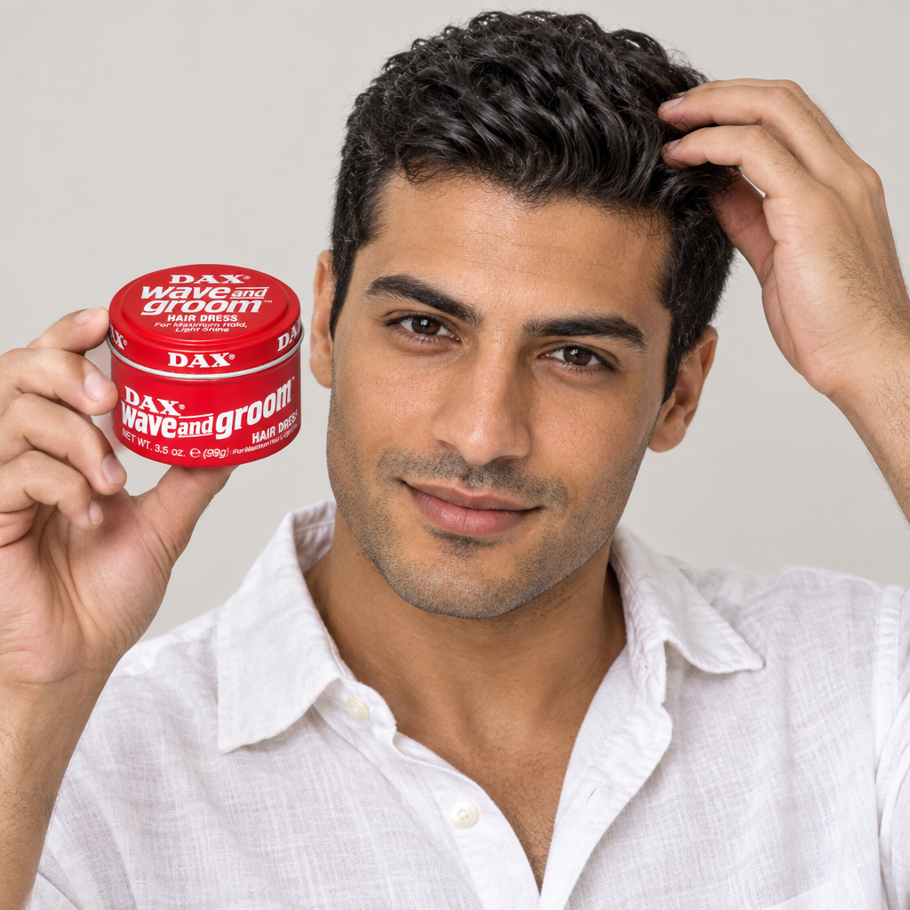 Male model holding DAX beside his hair