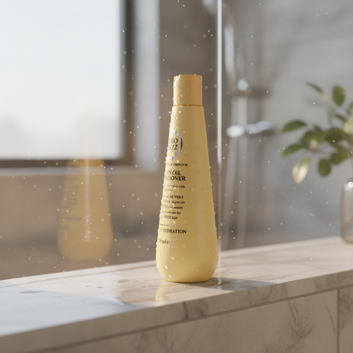 Zero Frizz Argan Oil Conditioner – Side lifestyle bathroom shot
