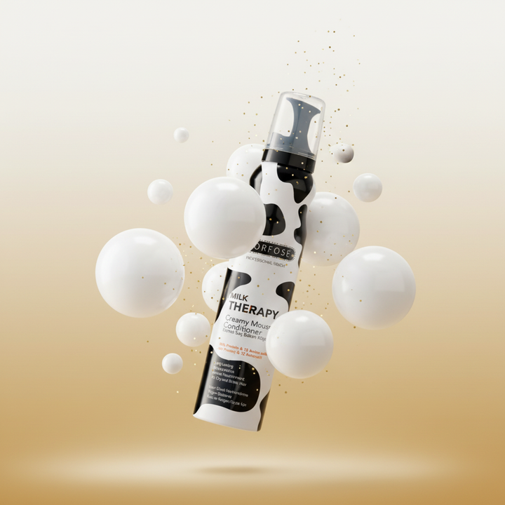 Morfose Milk Therapy Mousse levitation with gold sparkles