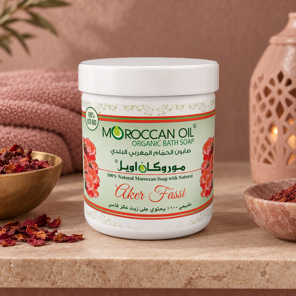 Moroccan Oil Aker Fassi bath soap on muted indoor shelf