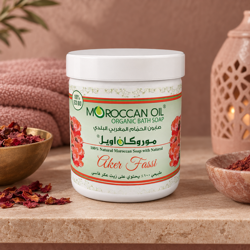 Moroccan Oil Aker Fassi bath soap on muted indoor shelf