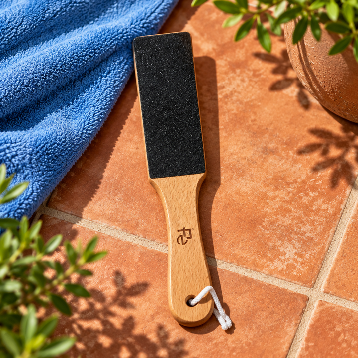 Fe wooden foot file without packaging on an outdoor terracotta patio