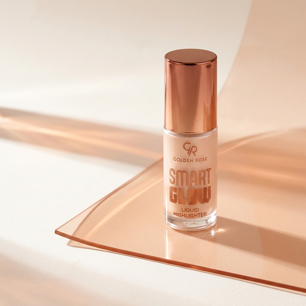 Golden Rose Smart Glow 203 bottle on peach glass with copper reflections