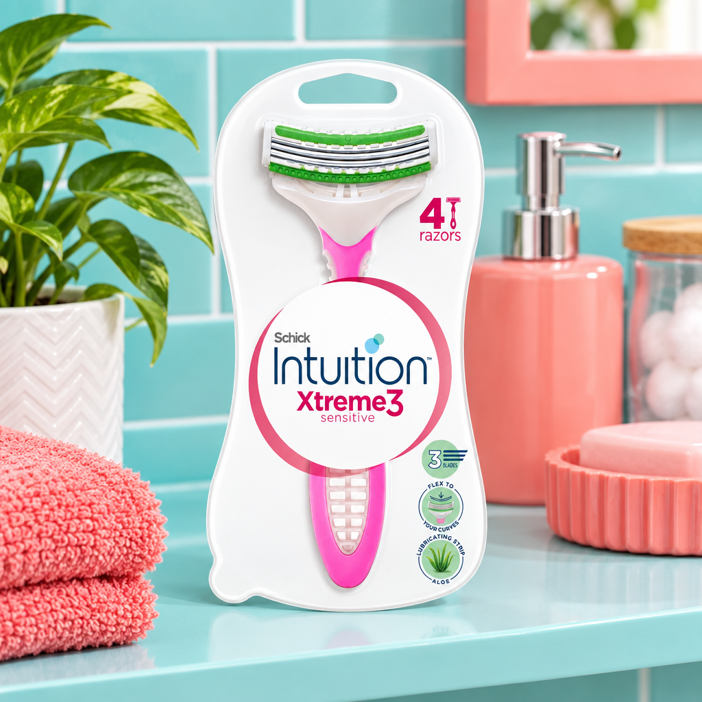 Schick Intuition Xtreme3 Sensitive four-pack on colorful bathroom shelf