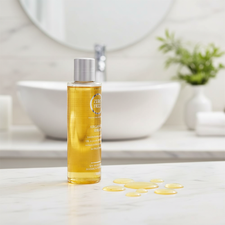 Zero Frizz Argan Oil Serum – Lifestyle bathroom vanity shot