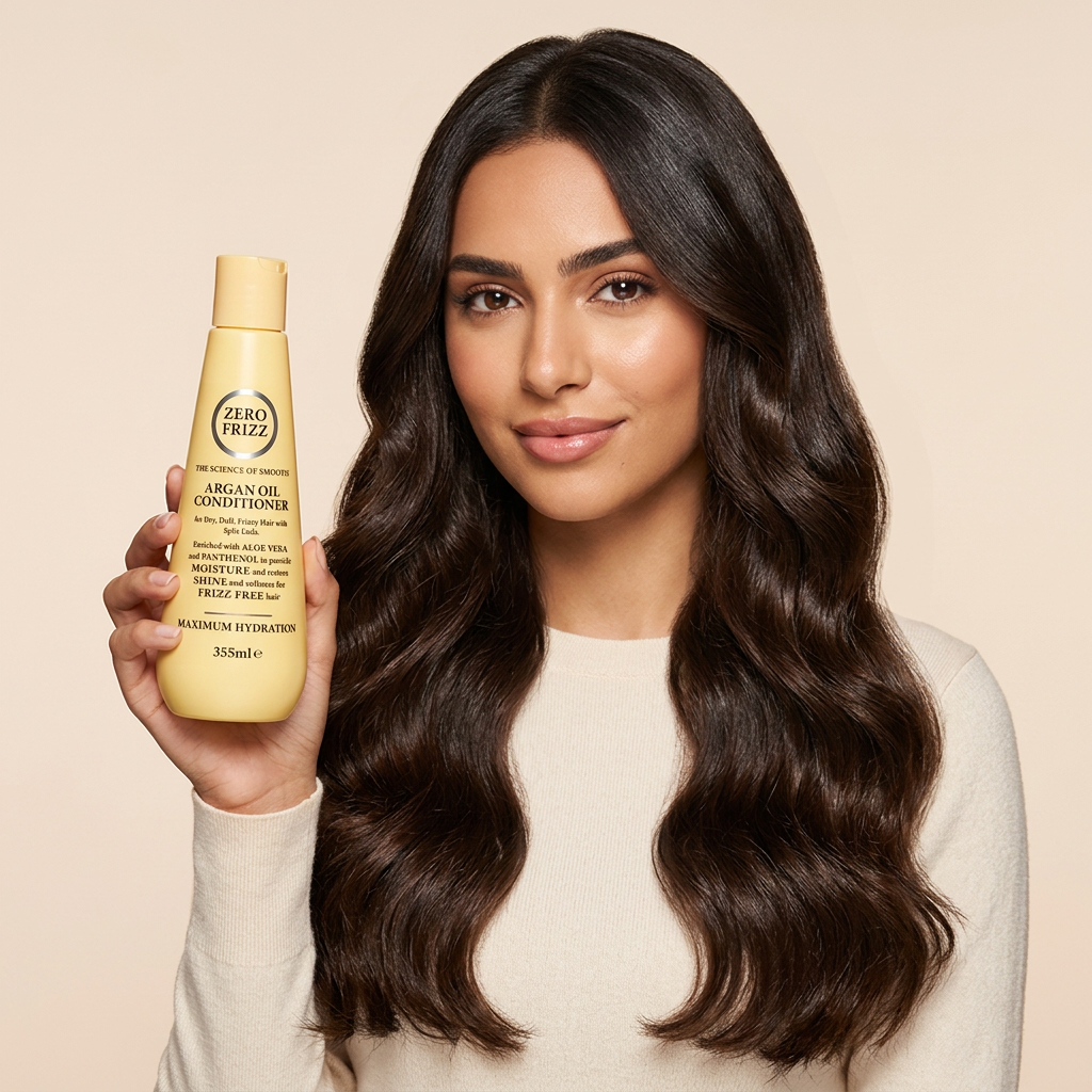 Zero Frizz Argan Oil Conditioner - Model holding bottle