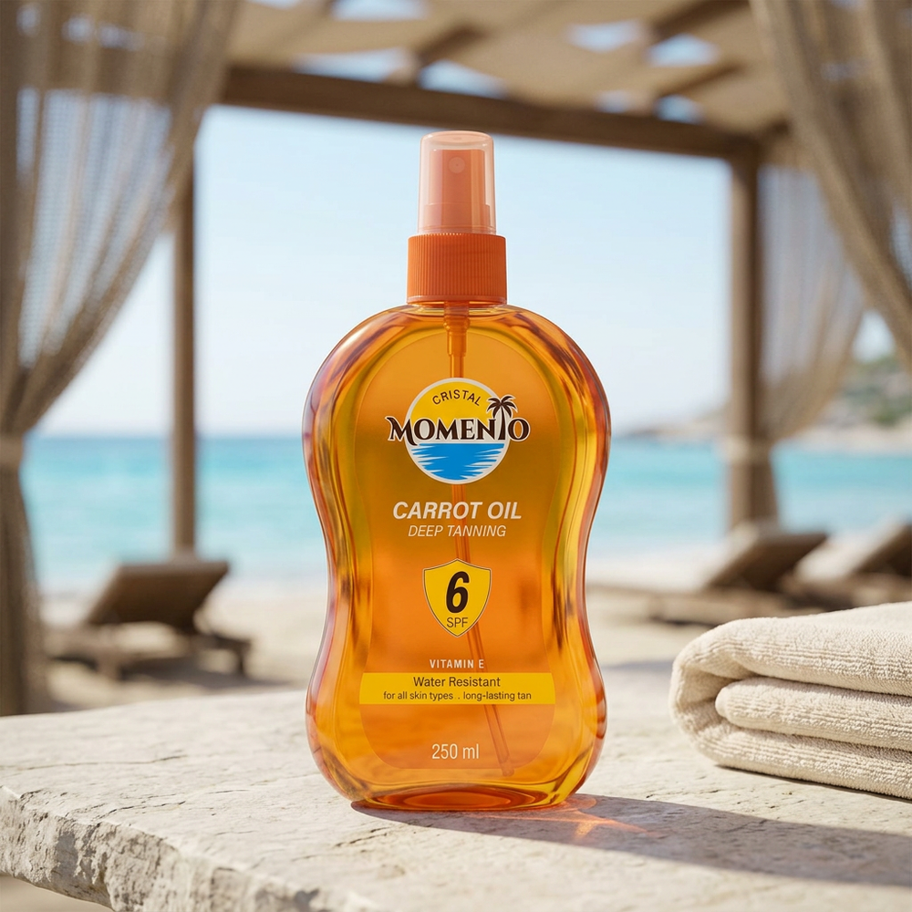 Momento Carrot Oil SPF 6 250ml on a coastal cabana table