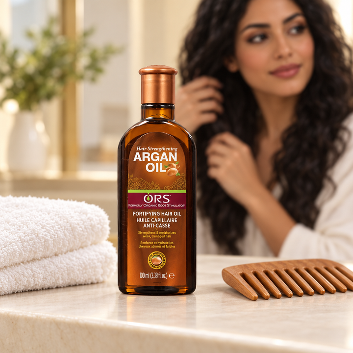 ORS Argan Oil beside towel and comb on vanity