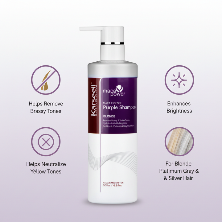 Benefits of Maca Power Purple Shampoo for blonde platinum gray and silver hair