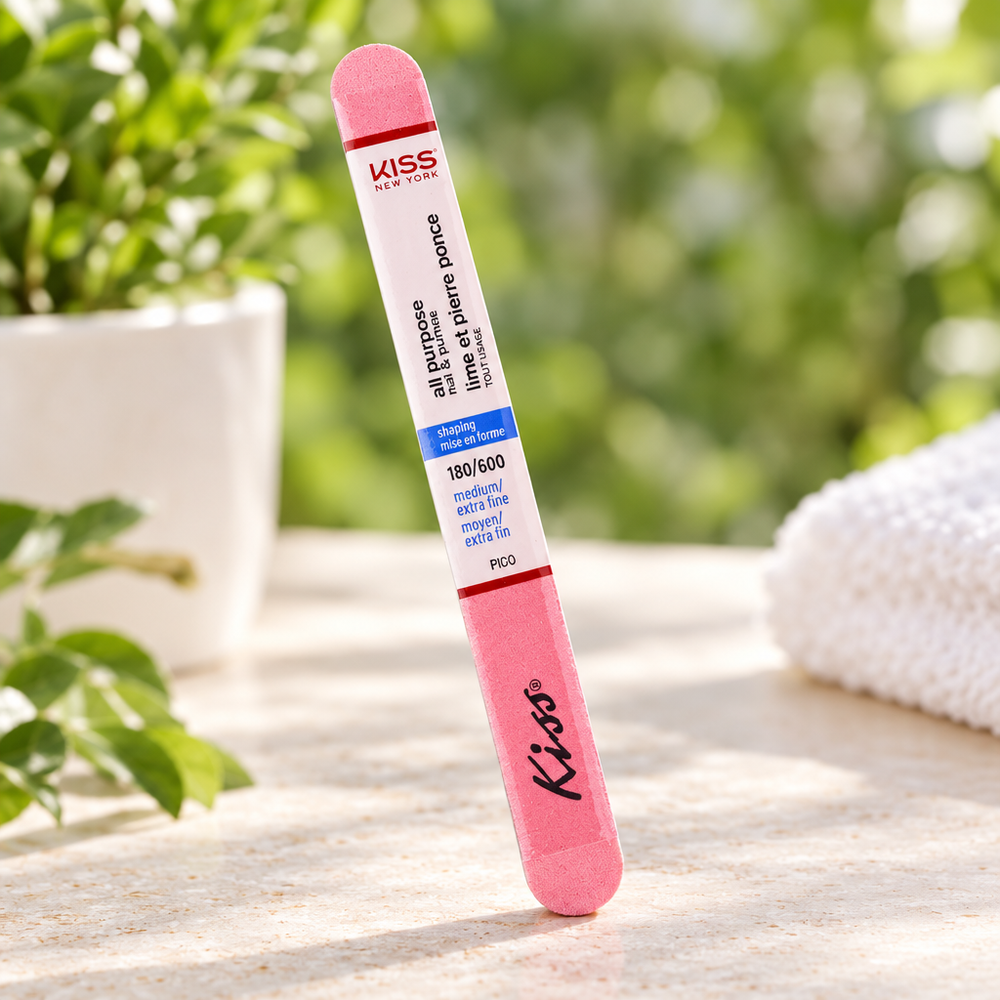 Outdoor photo of KISS All Purpose nail file and pumice stick