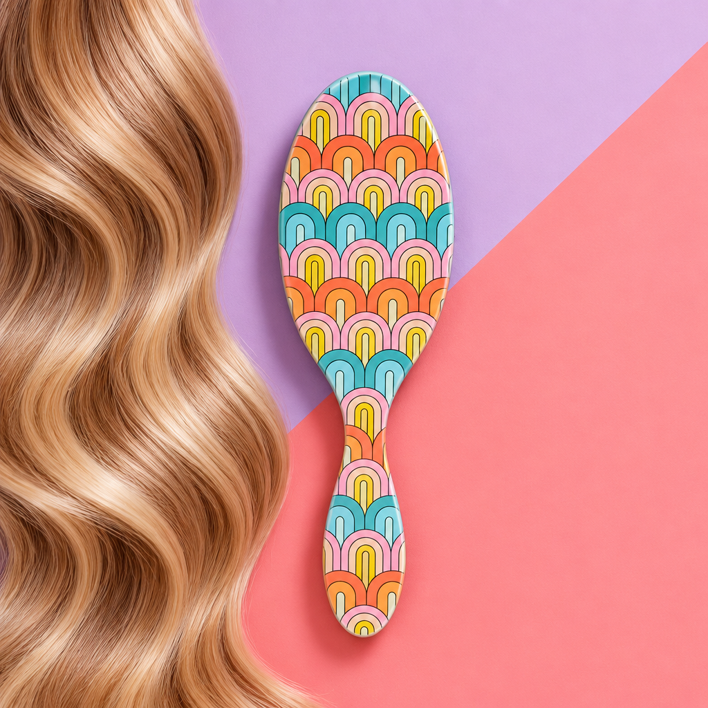 Rainbow Wet Brush patterned back beside smooth hair