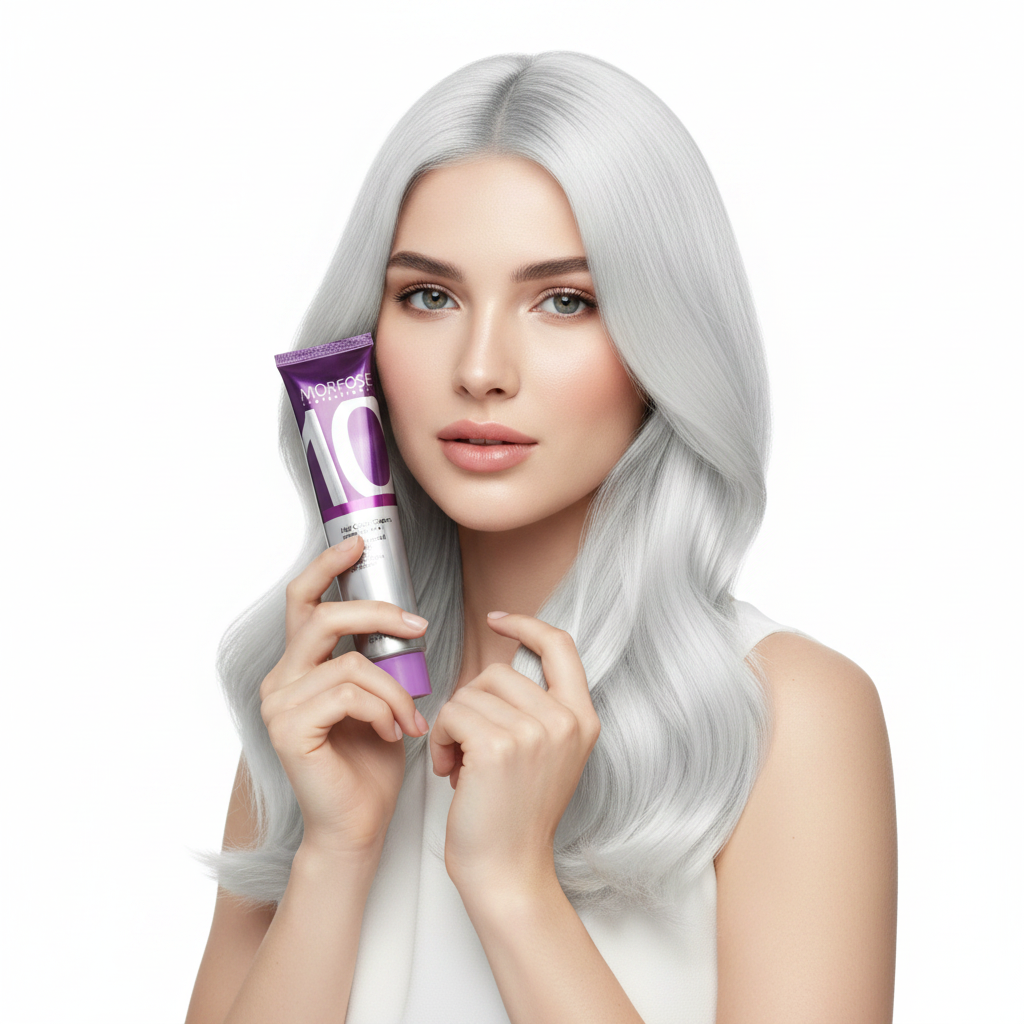 Morfose Neutral – Model holding product with white hair