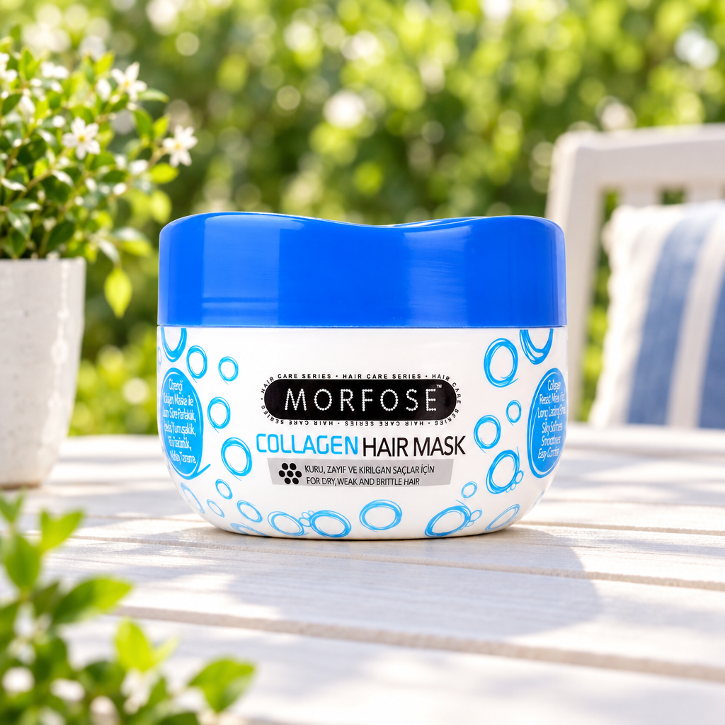 Morfose Collagen Hair Mask jar displayed outdoors in natural light