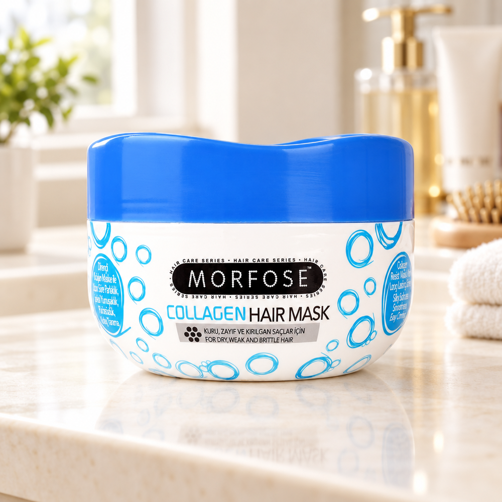 Morfose Collagen Hair Mask jar displayed indoors on a vanity