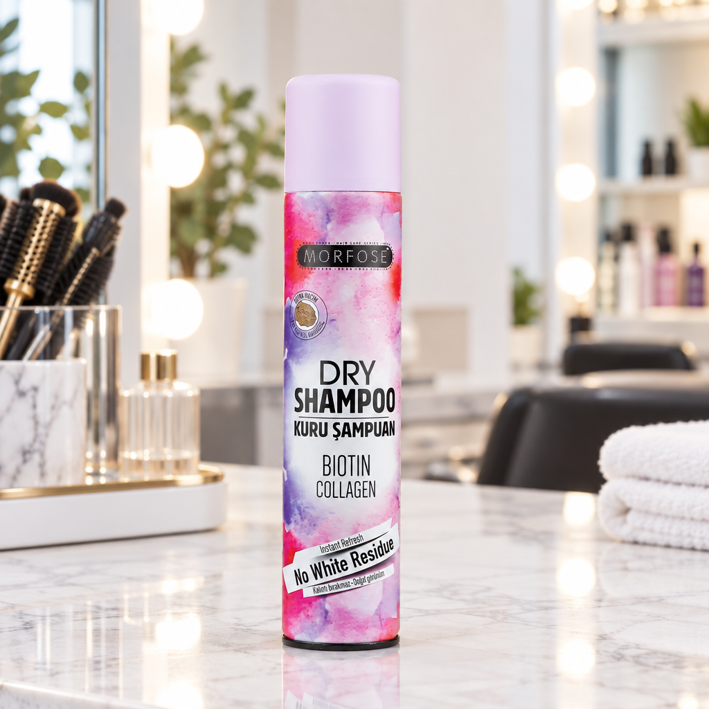 Morfose Biotin Collagen Dry Shampoo on salon vanity