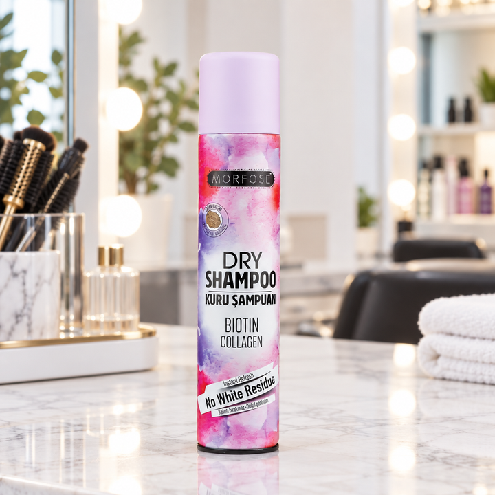 Morfose Biotin Collagen Dry Shampoo on salon vanity
