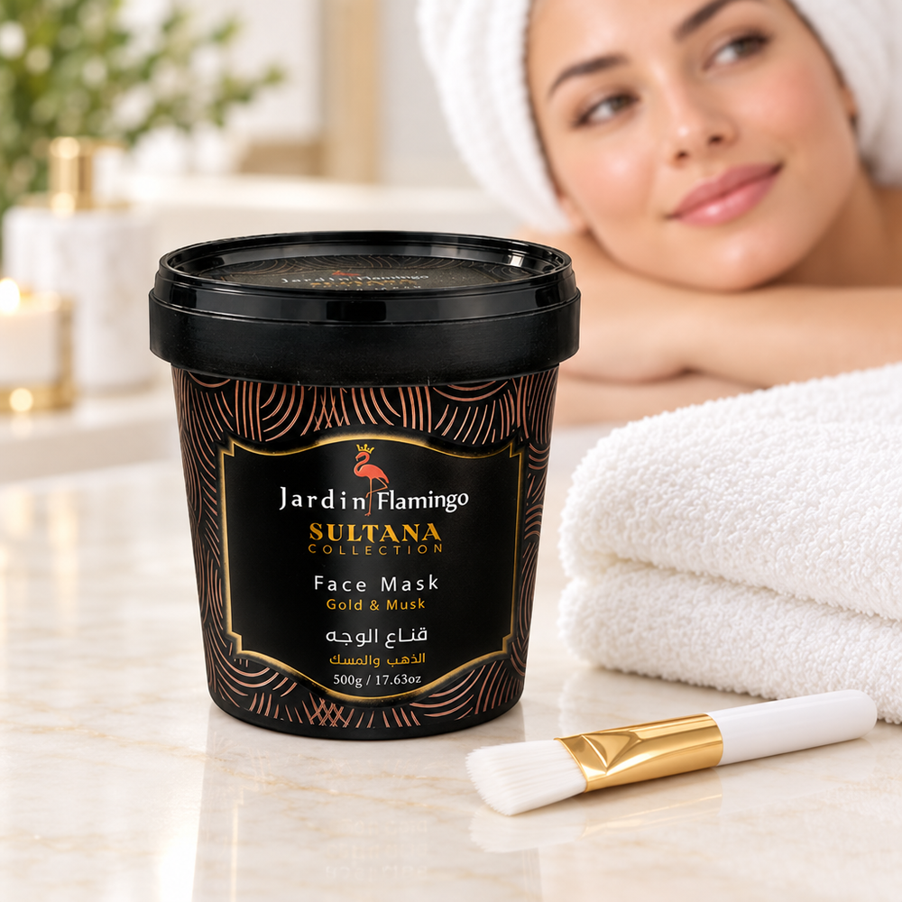 Jardin Flamingo Sultana face mask with towel and mask brush
