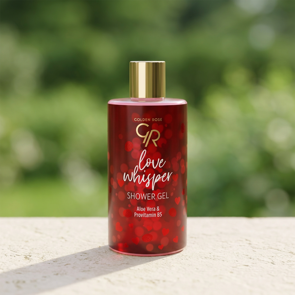 Golden Rose Love Whisper shower gel in natural outdoor light