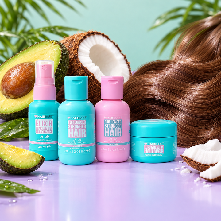 Hairburst mini avocado coconut set alongside glossy hair