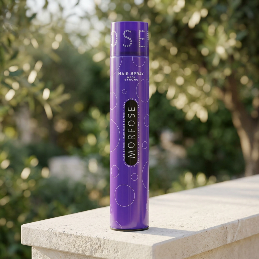 Morfose Mega Strong 400ml hair spray on an outdoor stone ledge