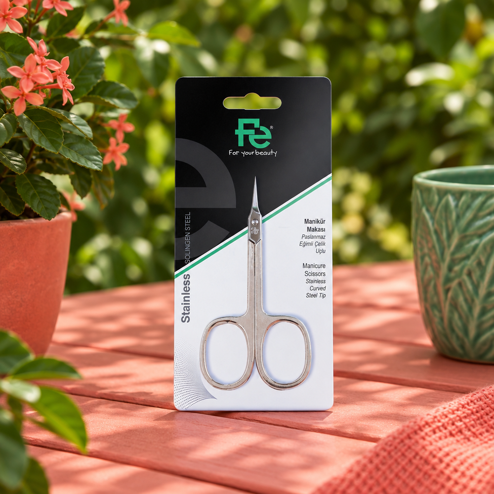 Fe curved tip manicure scissors in packaging outdoors