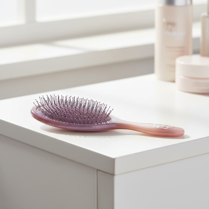 Pearlescent pink and purple ombre hair brush in an elegant indoor setting