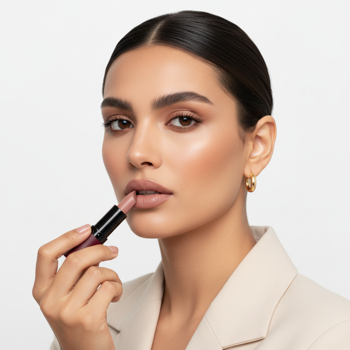 Egyptian model applying Golden Rose nude rose lipstick