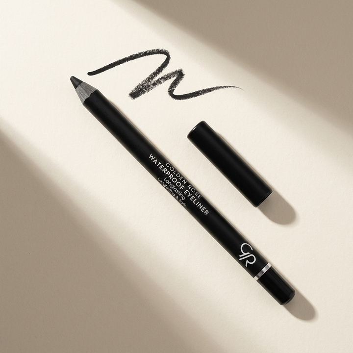 Golden Rose Ultra Black eyeliner pencil and black swatch on ivory background