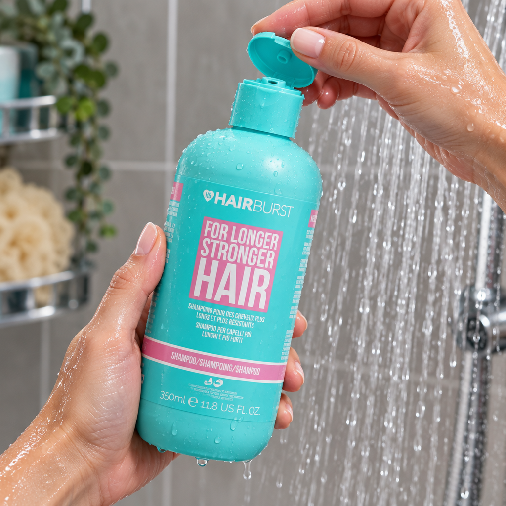 Opening Hairburst shampoo bottle in shower