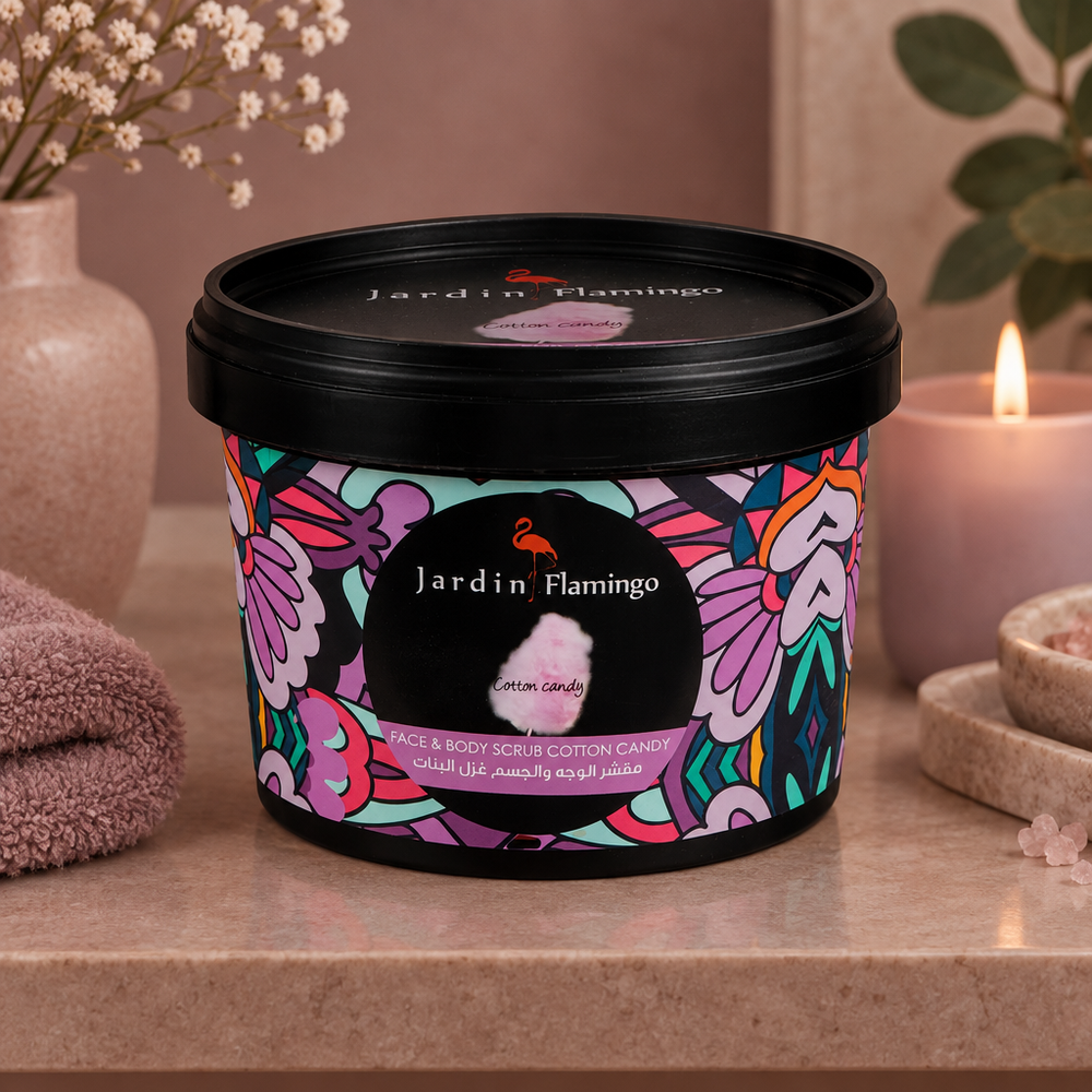 Jardin Flamingo Cotton Candy body scrub on muted indoor shelf