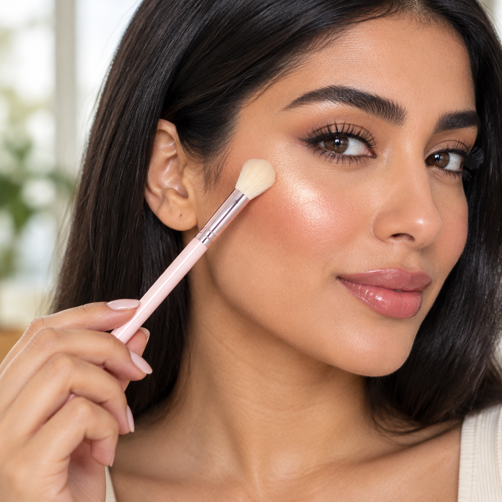 Woman using tapered highlighter brush