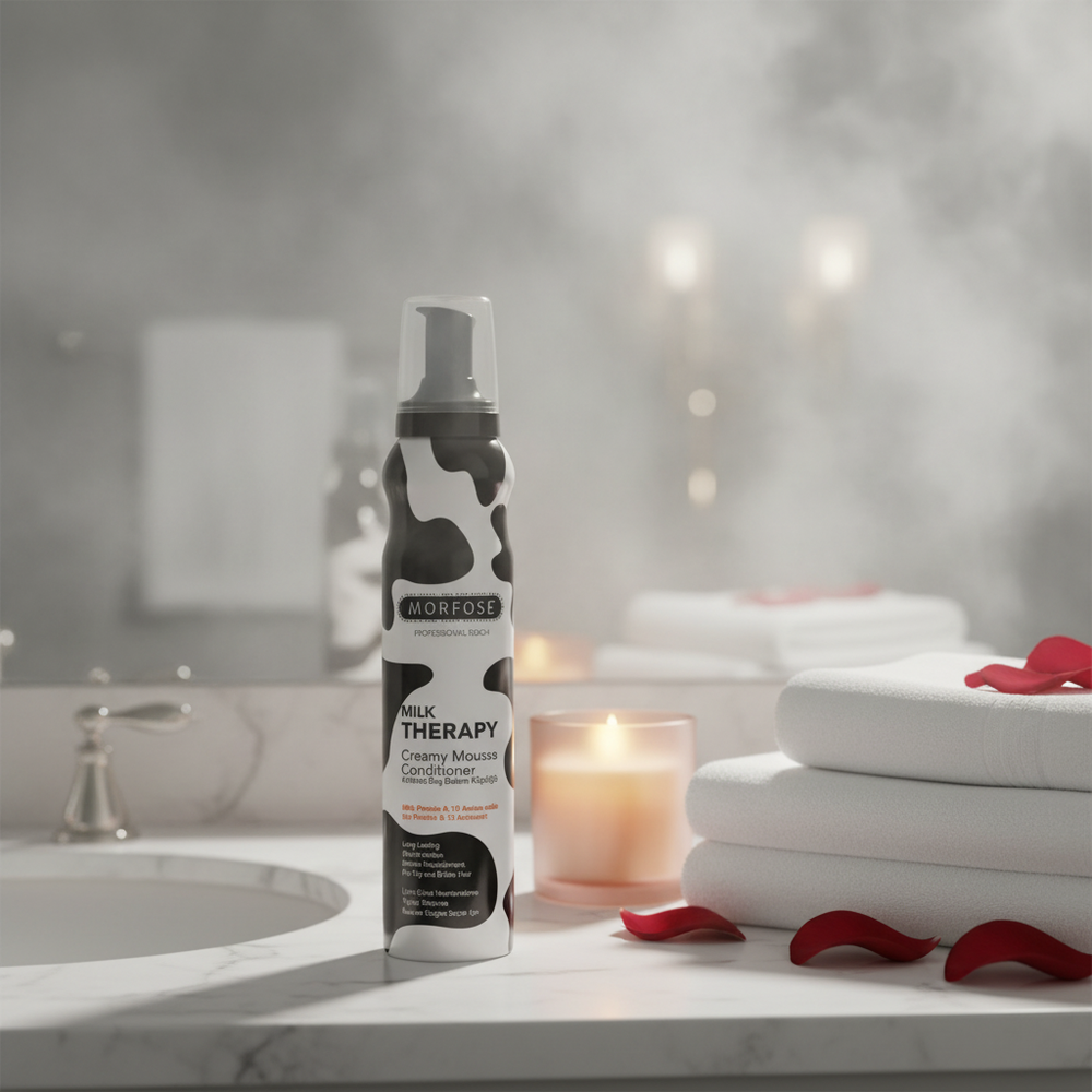 Morfose Milk Therapy Mousse in luxury spa bathroom setting