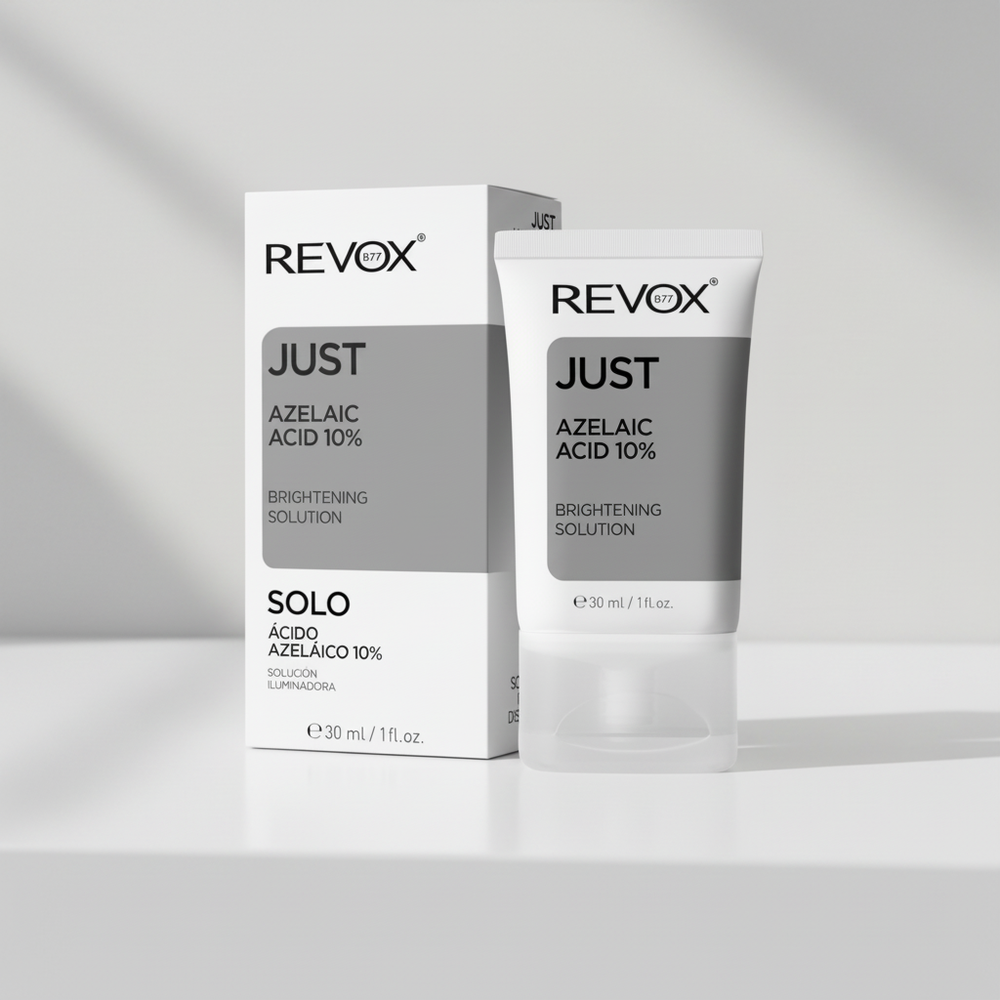 REVOX B77 JUST Azelaic Acid 10% tube and box in a clean indoor setting
