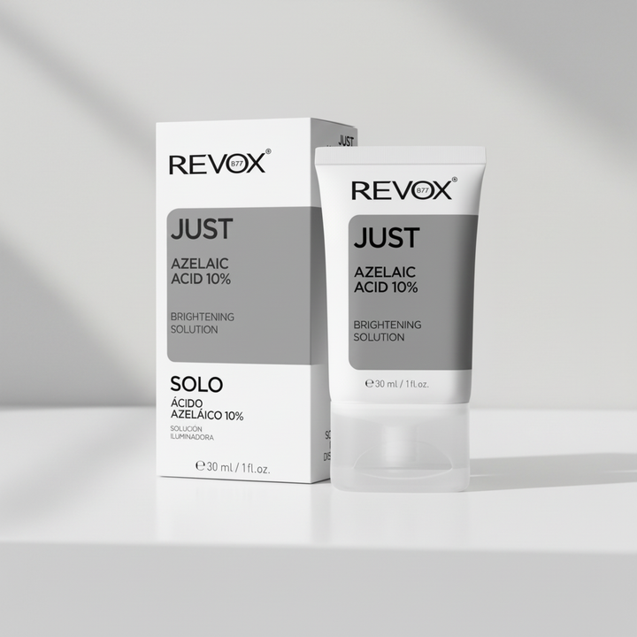 REVOX B77 JUST Azelaic Acid 10% tube and box in a clean indoor setting