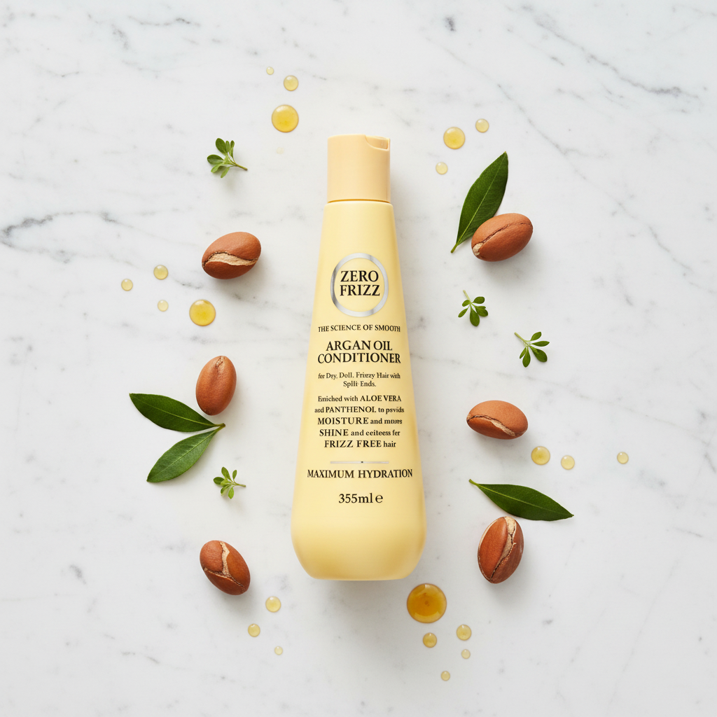 Zero Frizz Argan Oil Conditioner – Top View flat lay on marble
