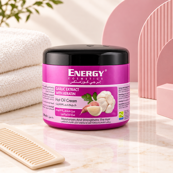 Energy garlic keratin salon flat lay