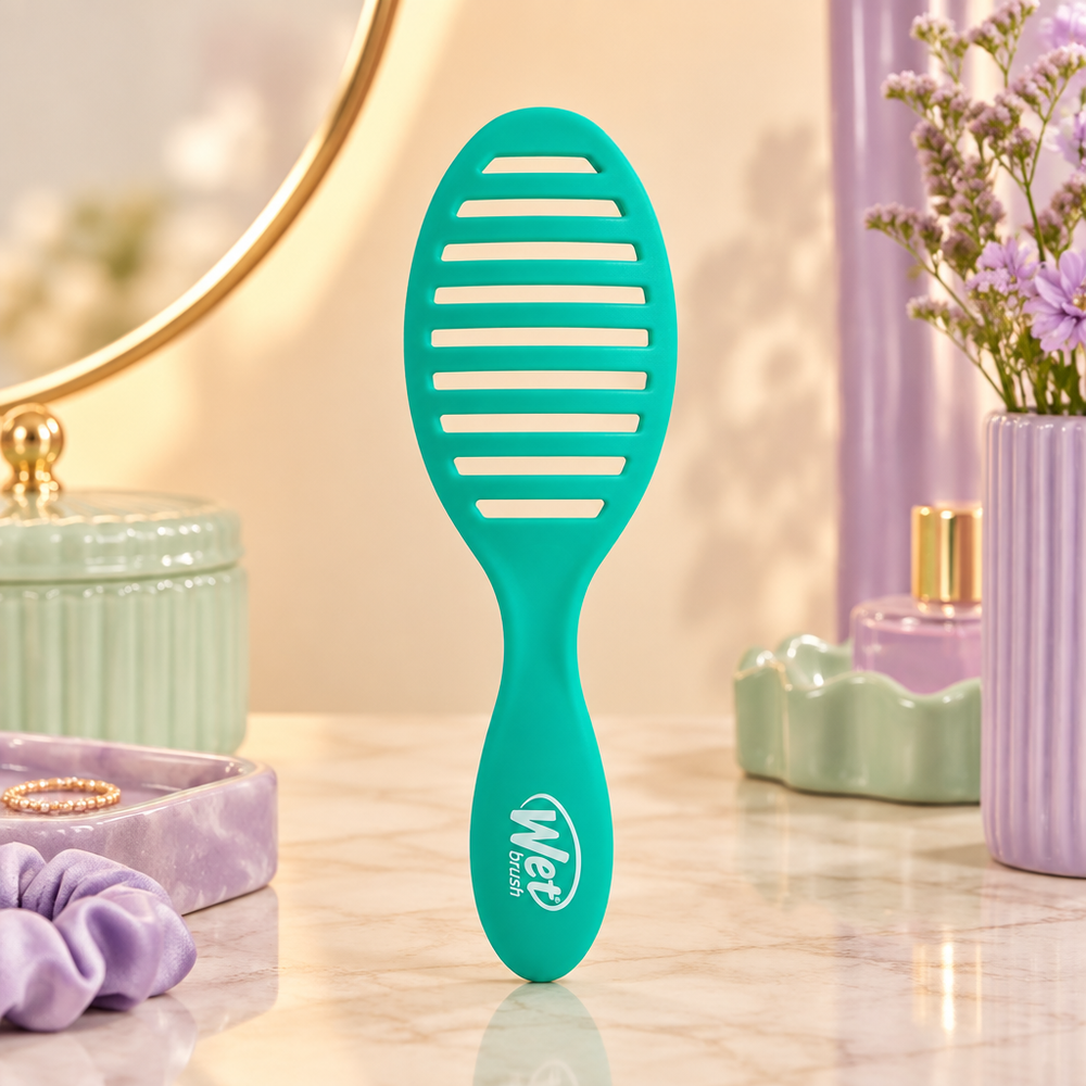Green Juice Speed Dry brush on indoor vanity, back view