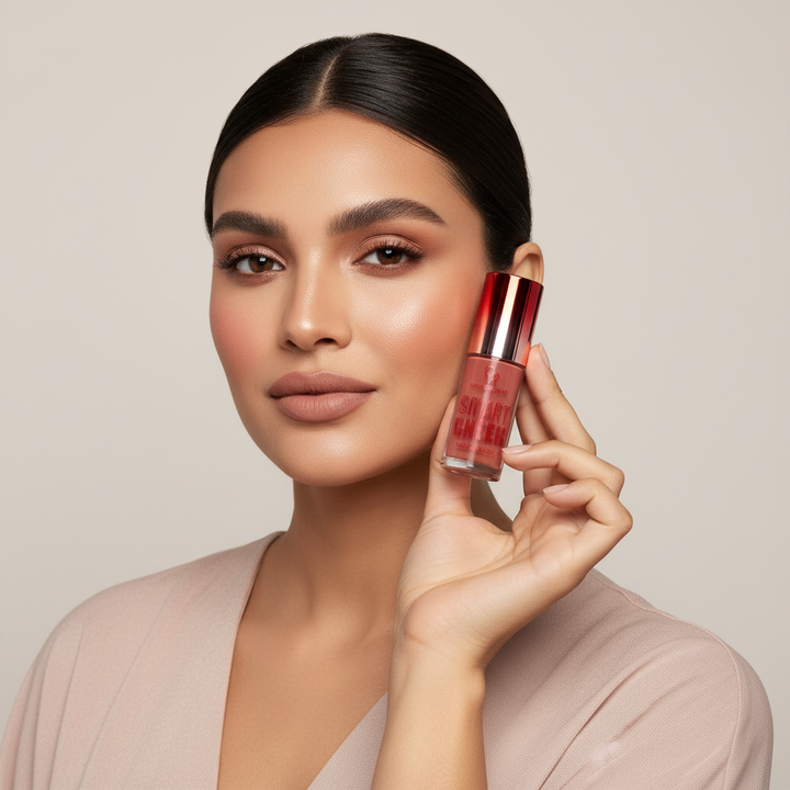 Egyptian model holding Golden Rose Smart Cheek Liquid Blush beside her cheek