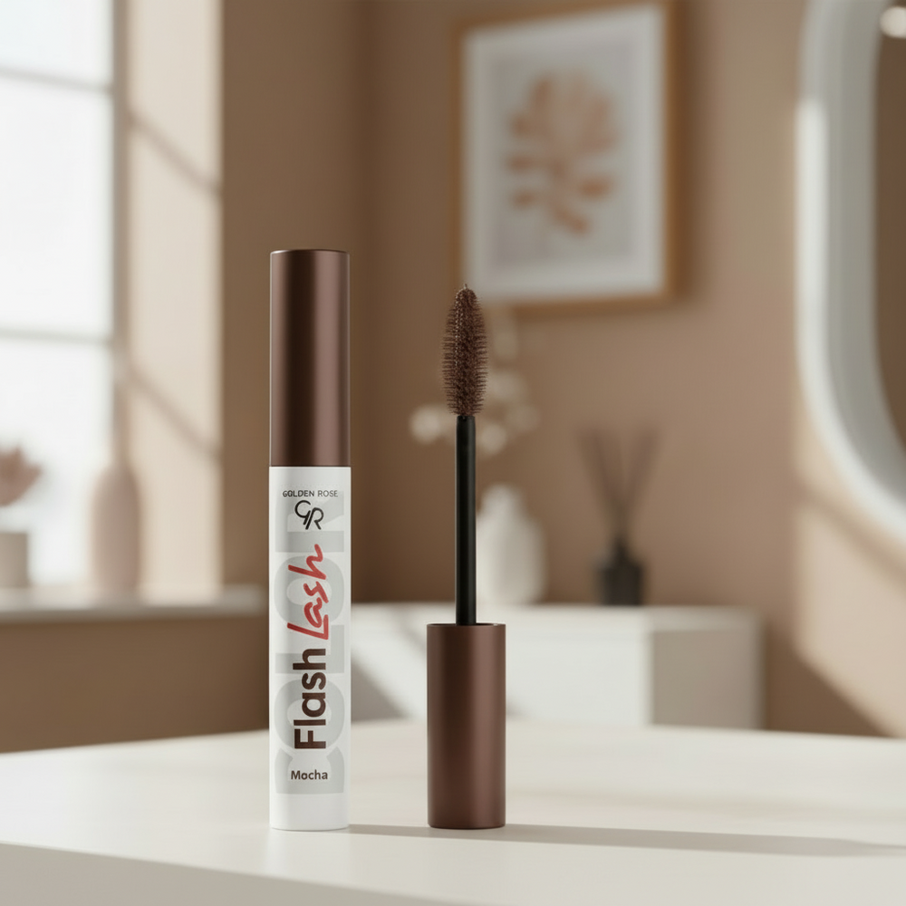 Golden Rose Flash Lash Mascara Mocha Brown in an elegant indoor setting