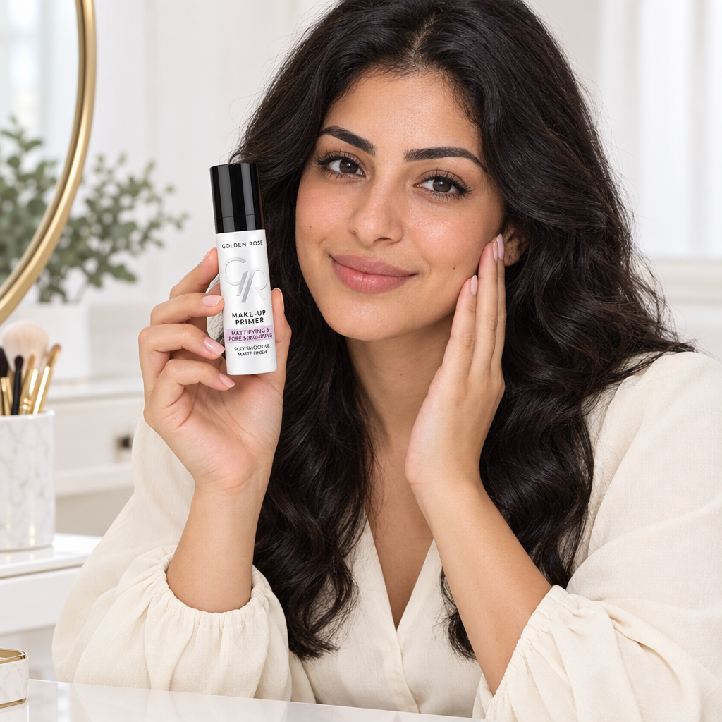 Egyptian-style model holding Golden Rose primer beside her cheek