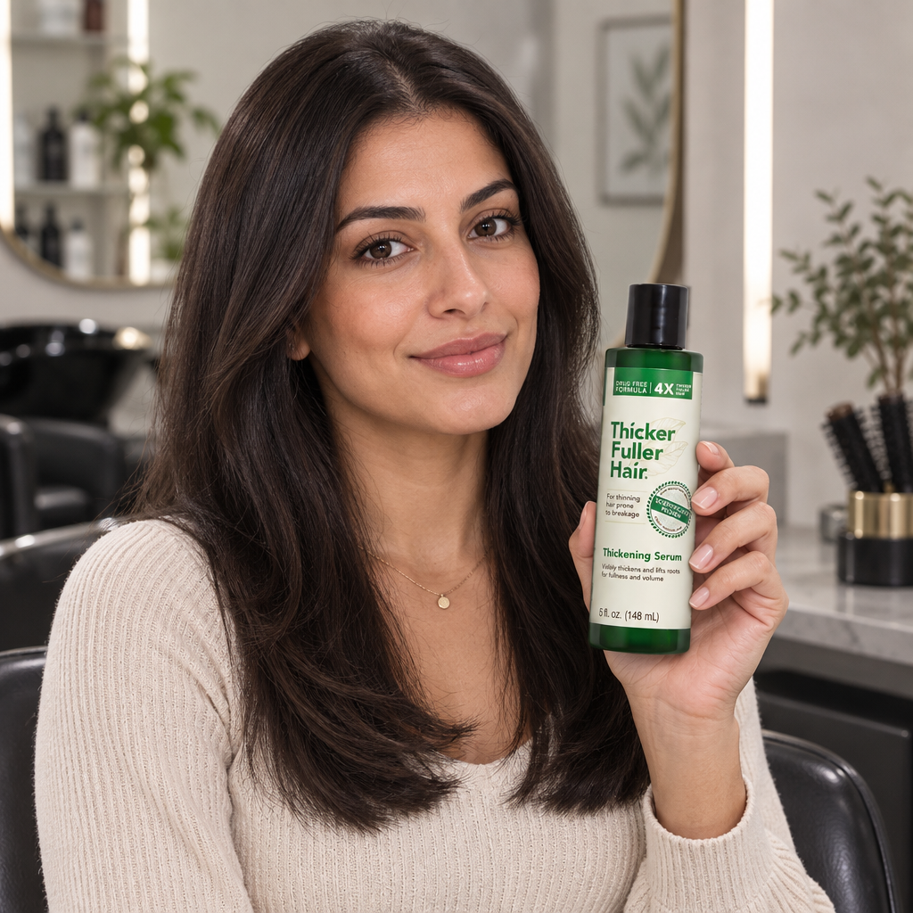 Model holding Thicker Fuller Hair Thickening Serum